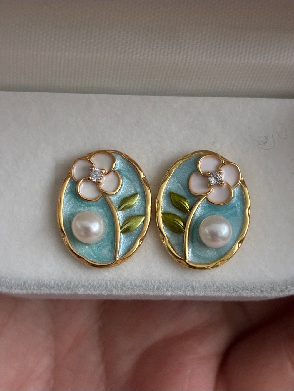 Gold-Tone Blue Enamel Floral Pearl Clip-On Earrings